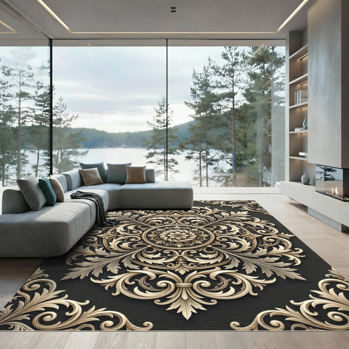 Ornate Gold Acanthus Scroll Mandala Rug