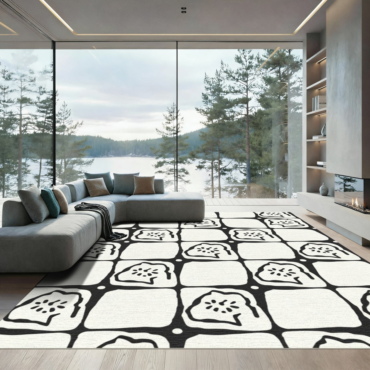 Black White Checkerboard Organic Bloom Rug
