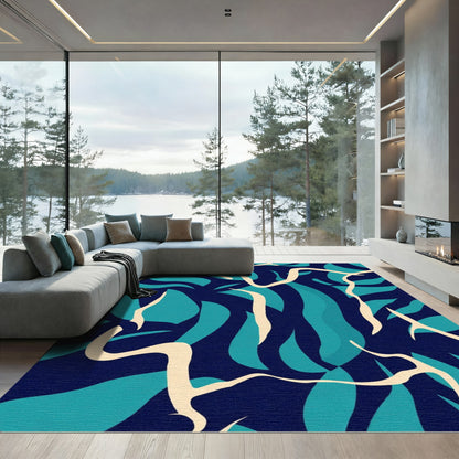 Deep Navy Aqua Wavy Abstract Rug