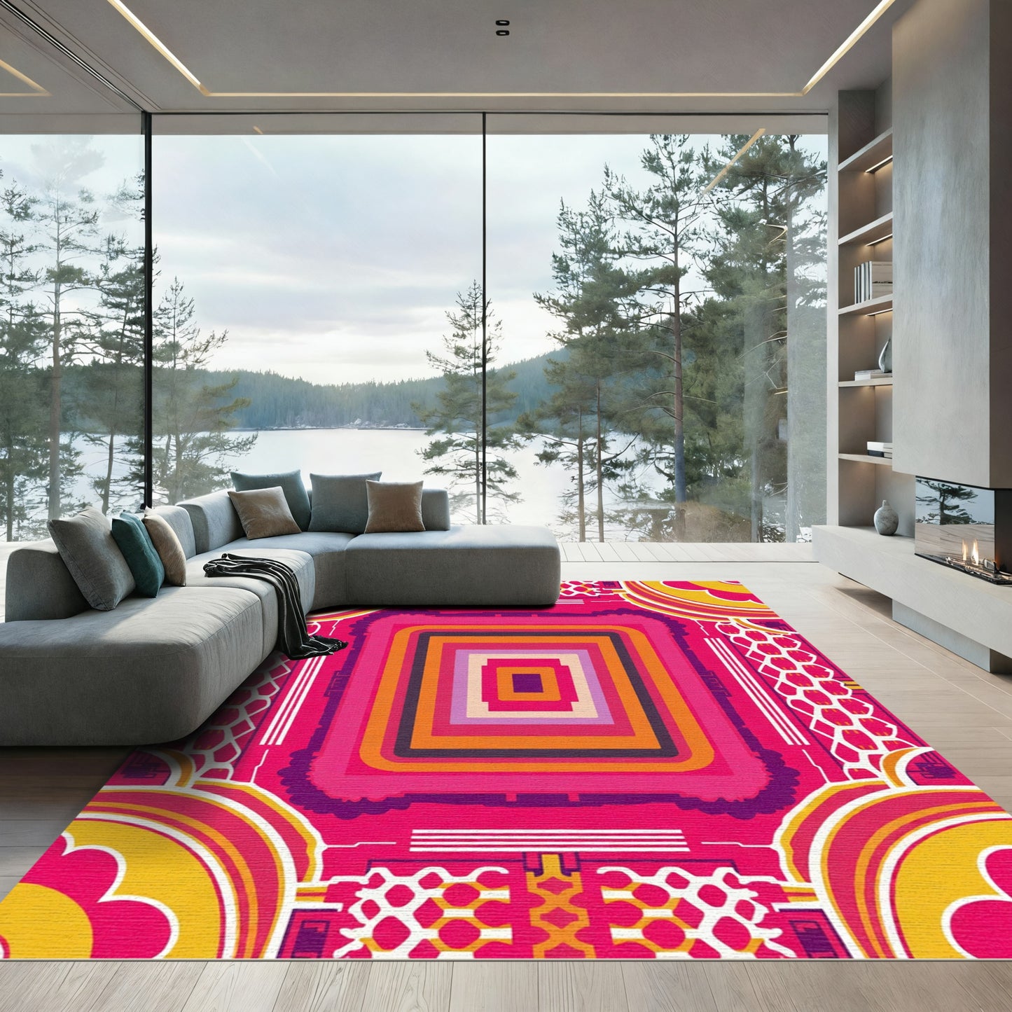 Vibrant Pink Octagon Concentric Medallion Rug