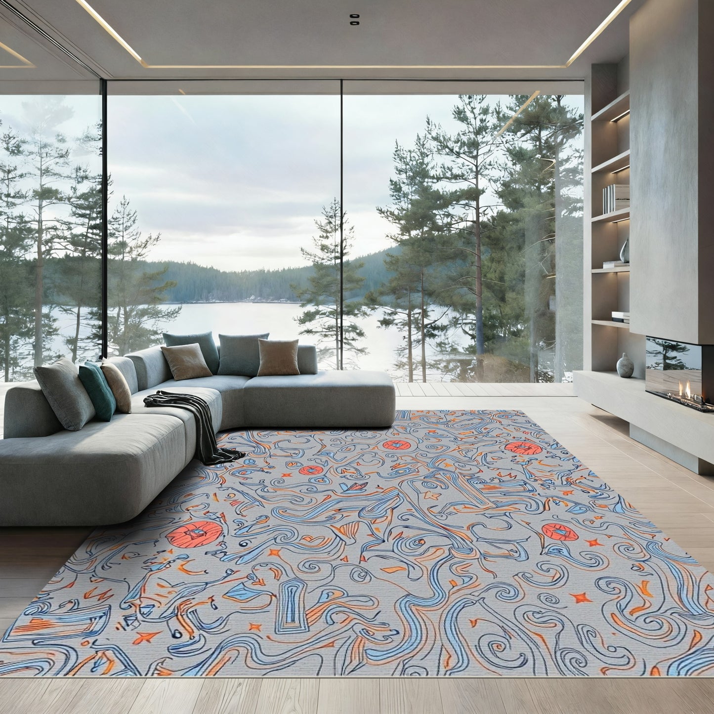 Gray Abstract Swirls Orange Blue Diamonds Rug
