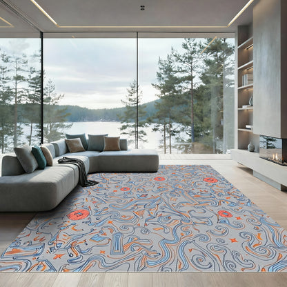 Gray Abstract Swirls Orange Blue Diamonds Rug