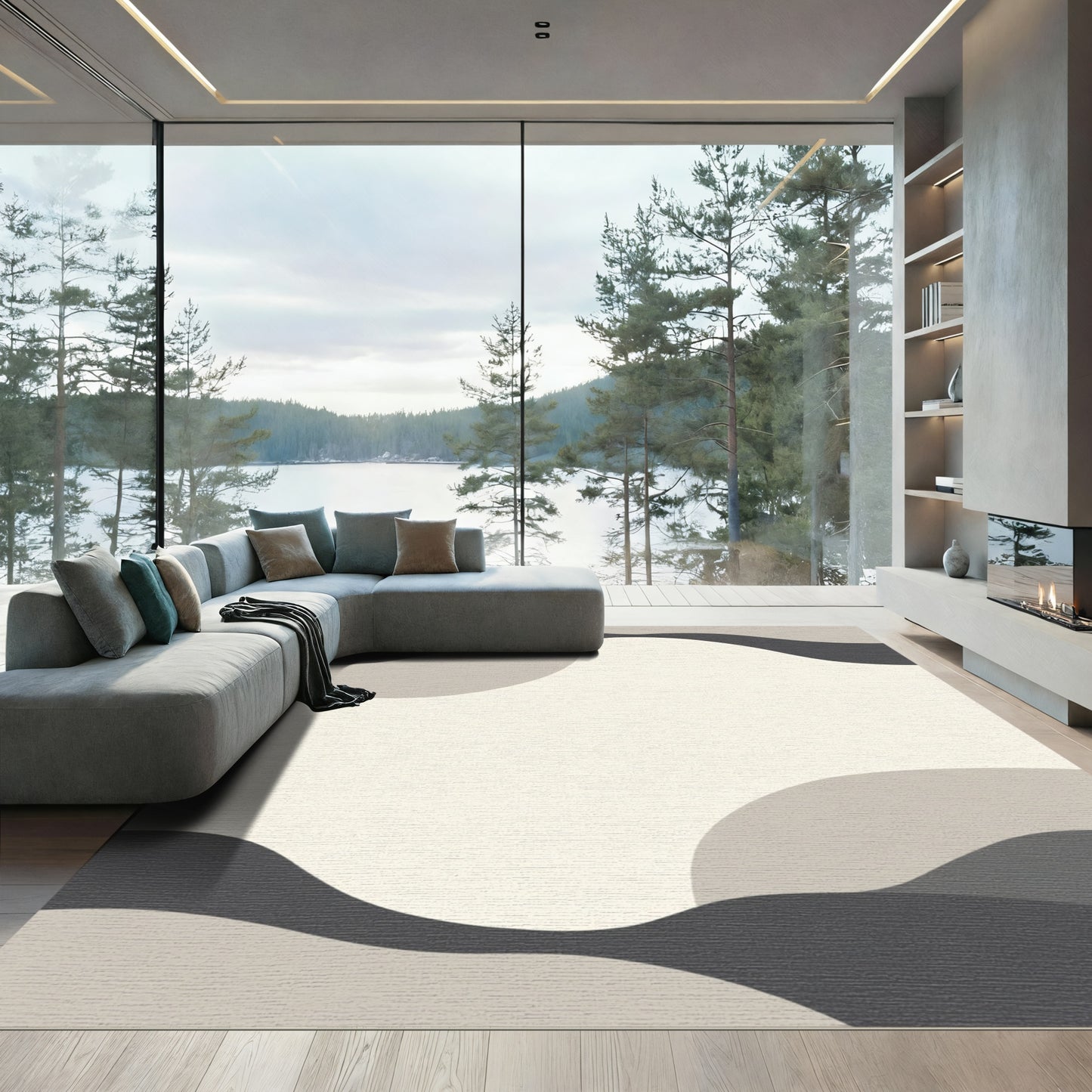 Abstract Gray Cream Color Block Rug