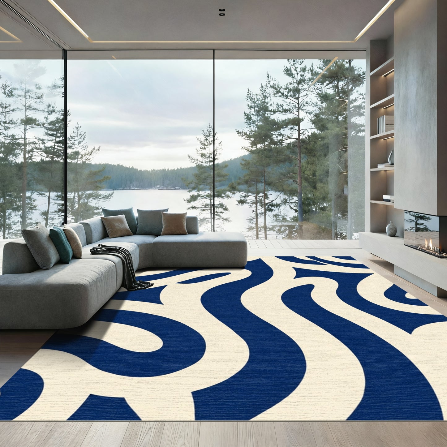 Navy Cream Swirling Curving Lines Rug