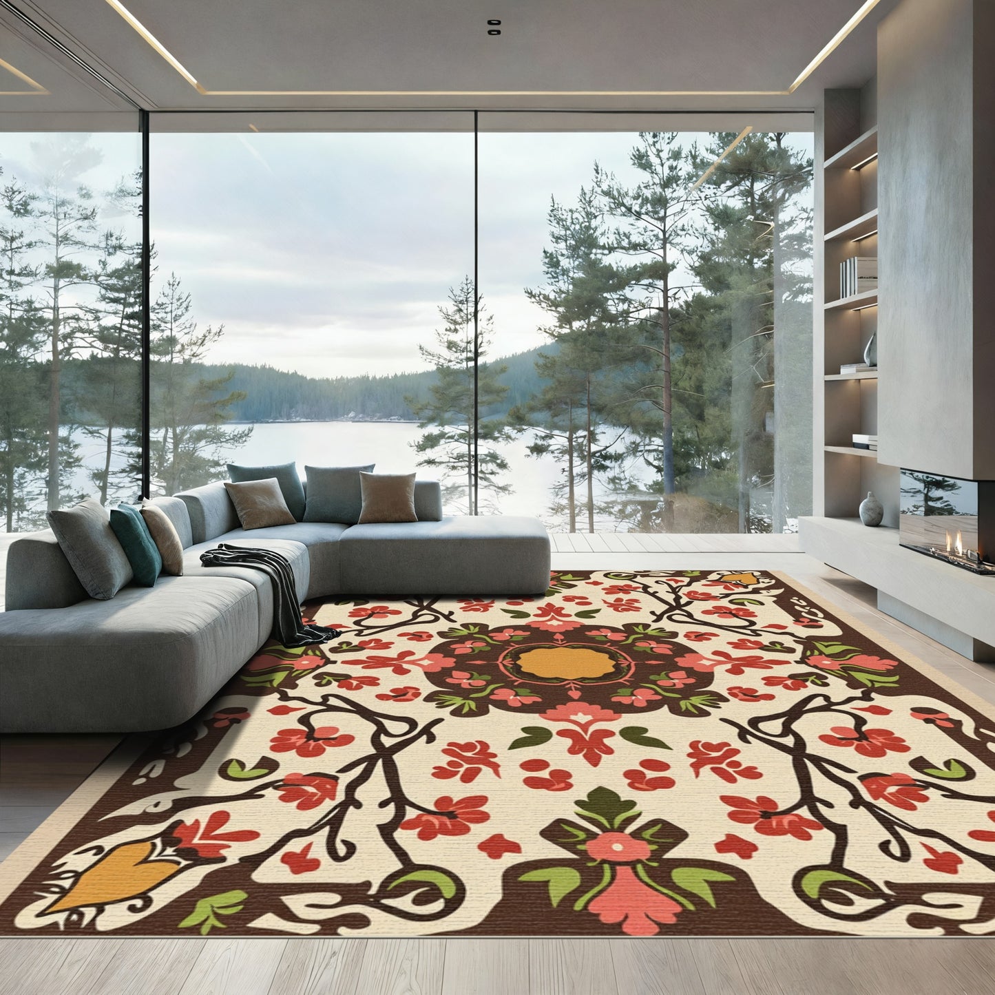 Red Brown Floral Vine Medallion Rug