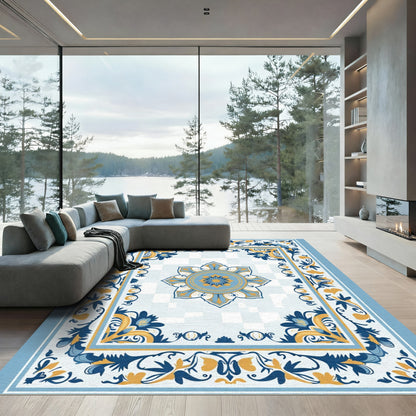 Blue Golden Floral Medallion Border Rug