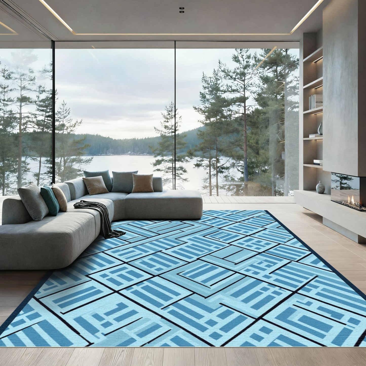 Shades Of Blue Geometric Labyrinth Rug
