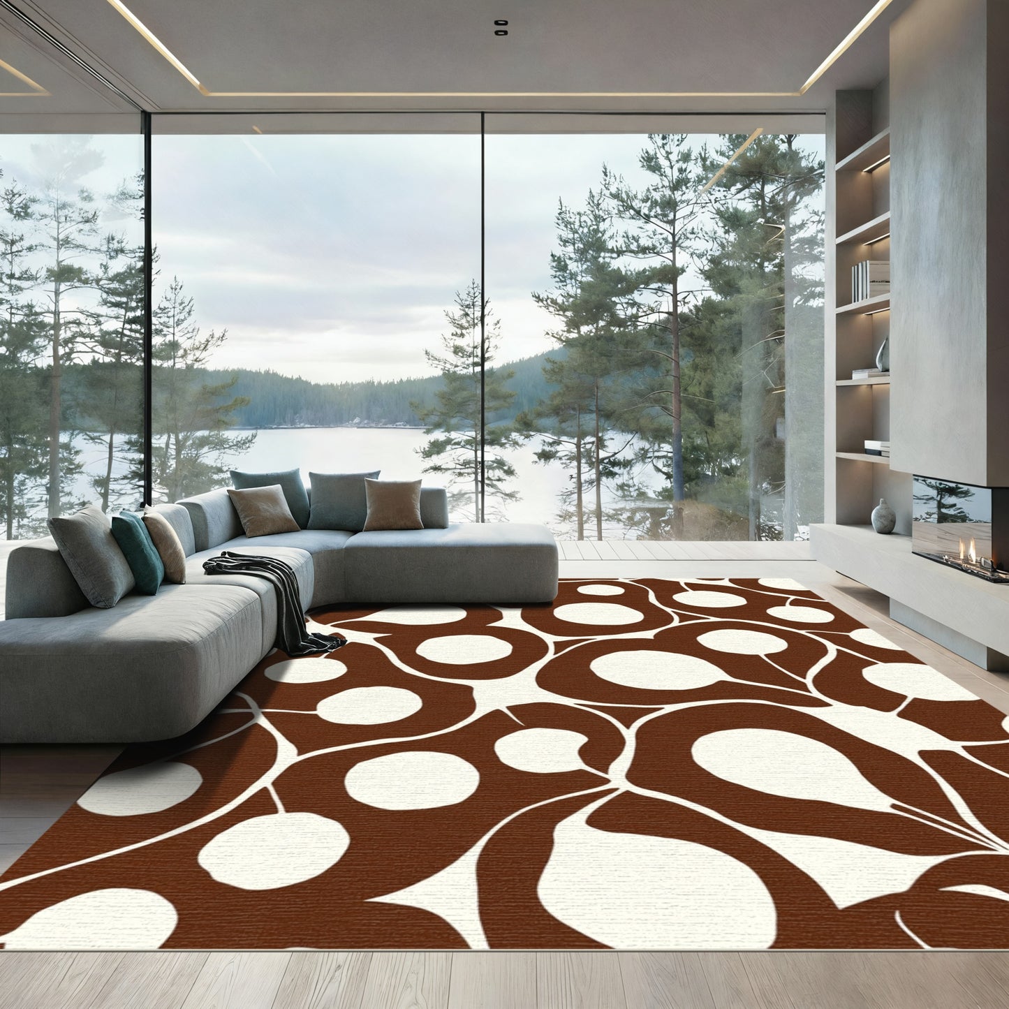 Brown White Abstract Organic Shapes Rug