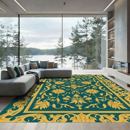 Teal Gold Ornate Floral Scroll Rug