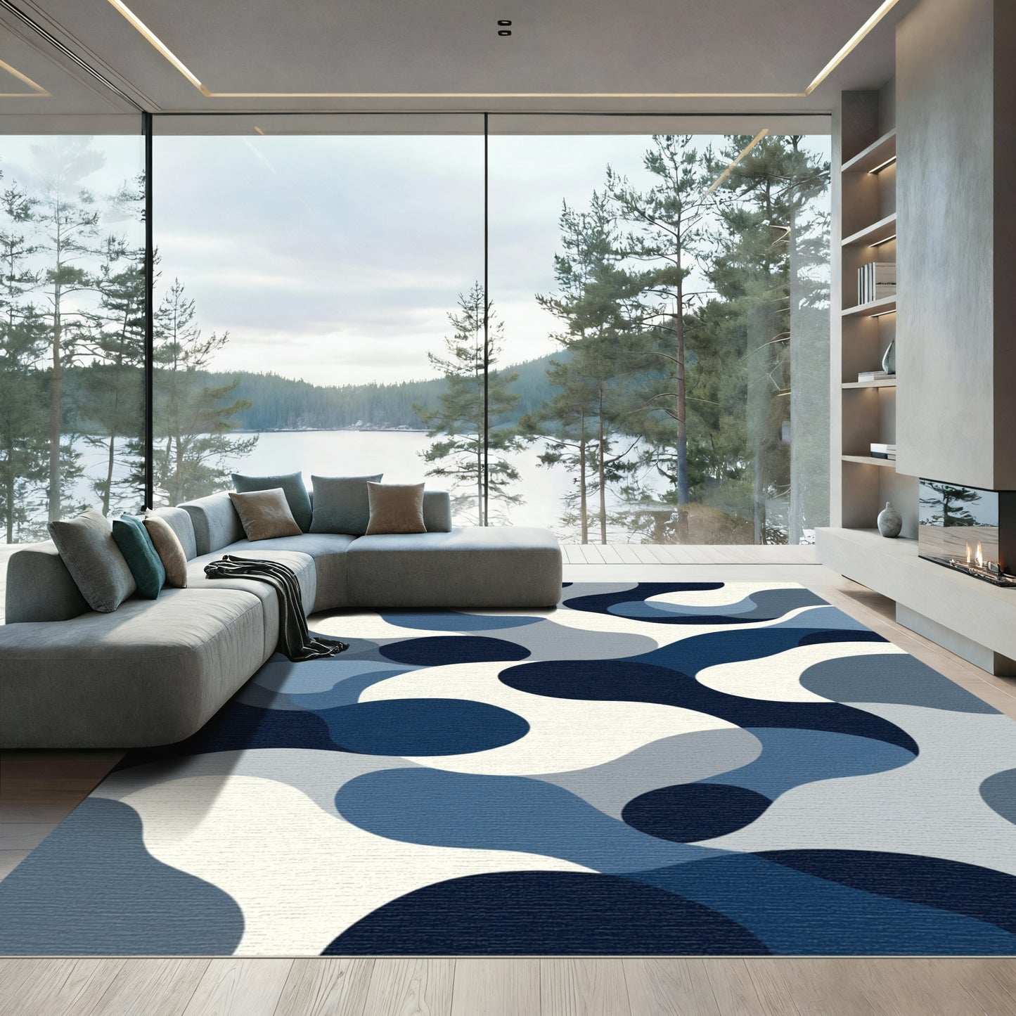 Blue Gray Abstract Paint Swirl Rug