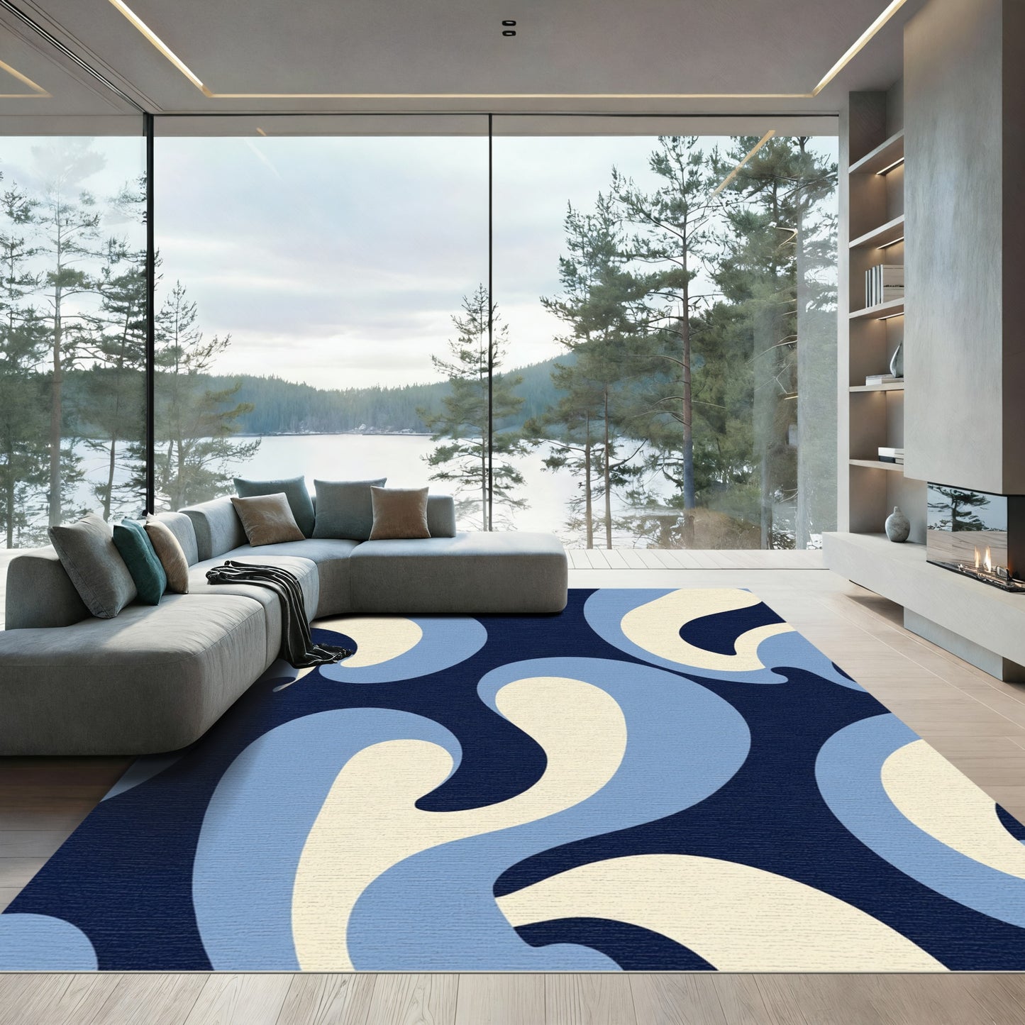Retro Swirl Cream Blue Navy Rug