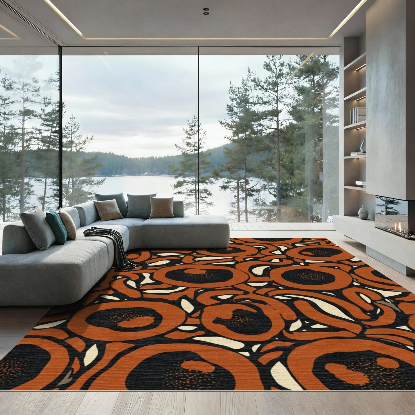 Terracotta Black Abstract Floral Swirls Rug