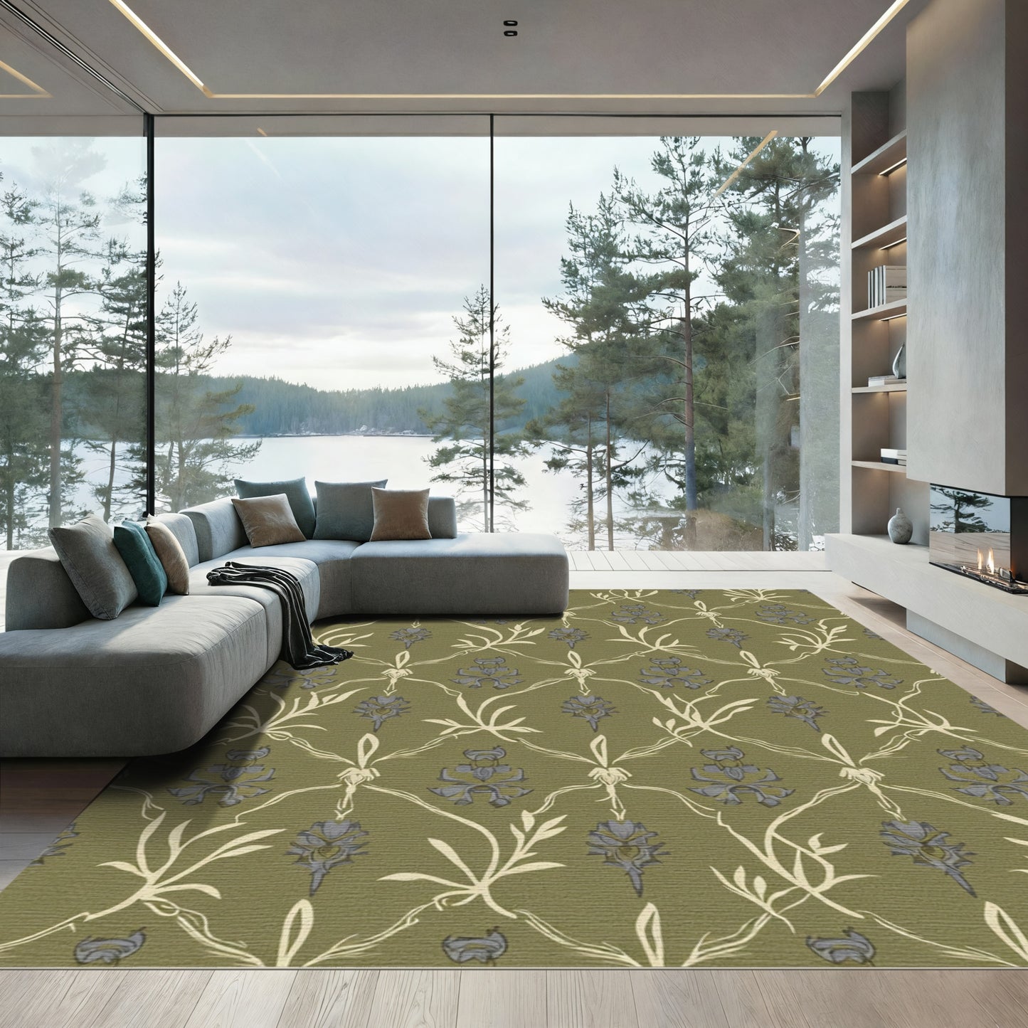 Olive Gray Floral Vine Lattice Rug