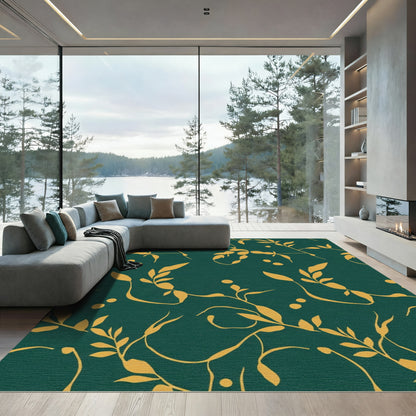 Golden Vine Leaf On Deep Teal Rug