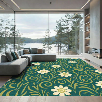 Deep Teal Floral Swirl Botanical Rug