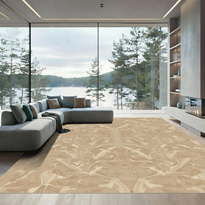 Neutral Tan Abstract Scroll Medallion Rug