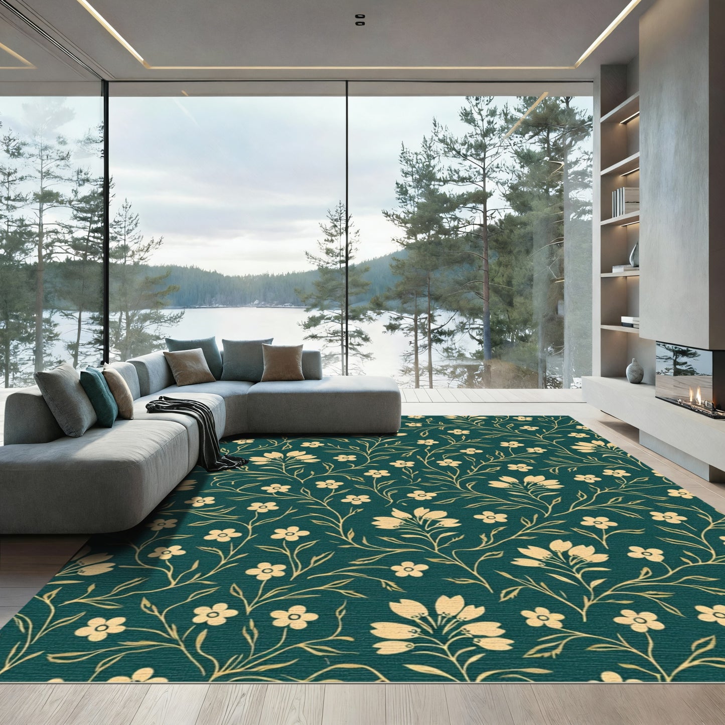 Gold Floral Vine Teal Background Rug