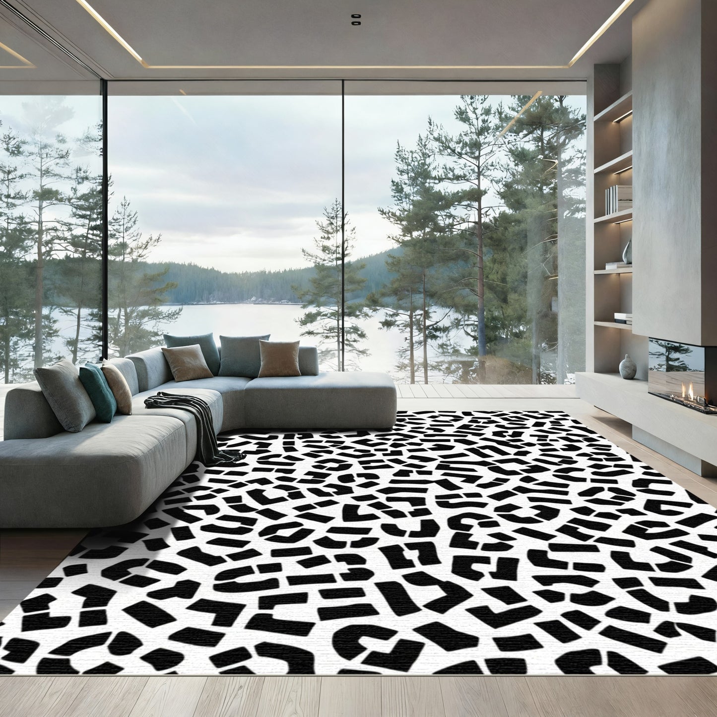 Chic Black White Animal Print Rug