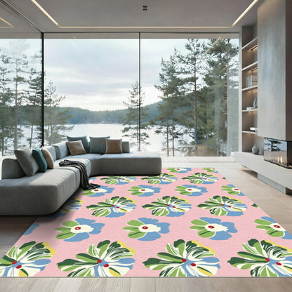 Whimsical Floral Illustration Pink Background Rug