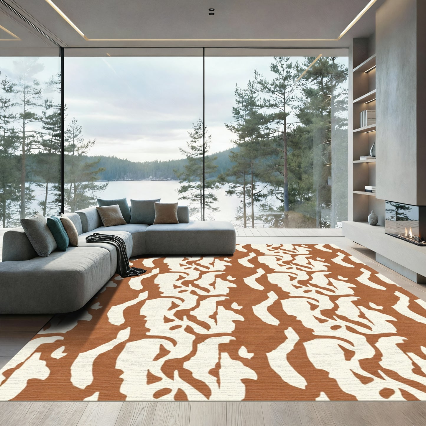 Terracotta Cream Abstract Animal Hide Rug