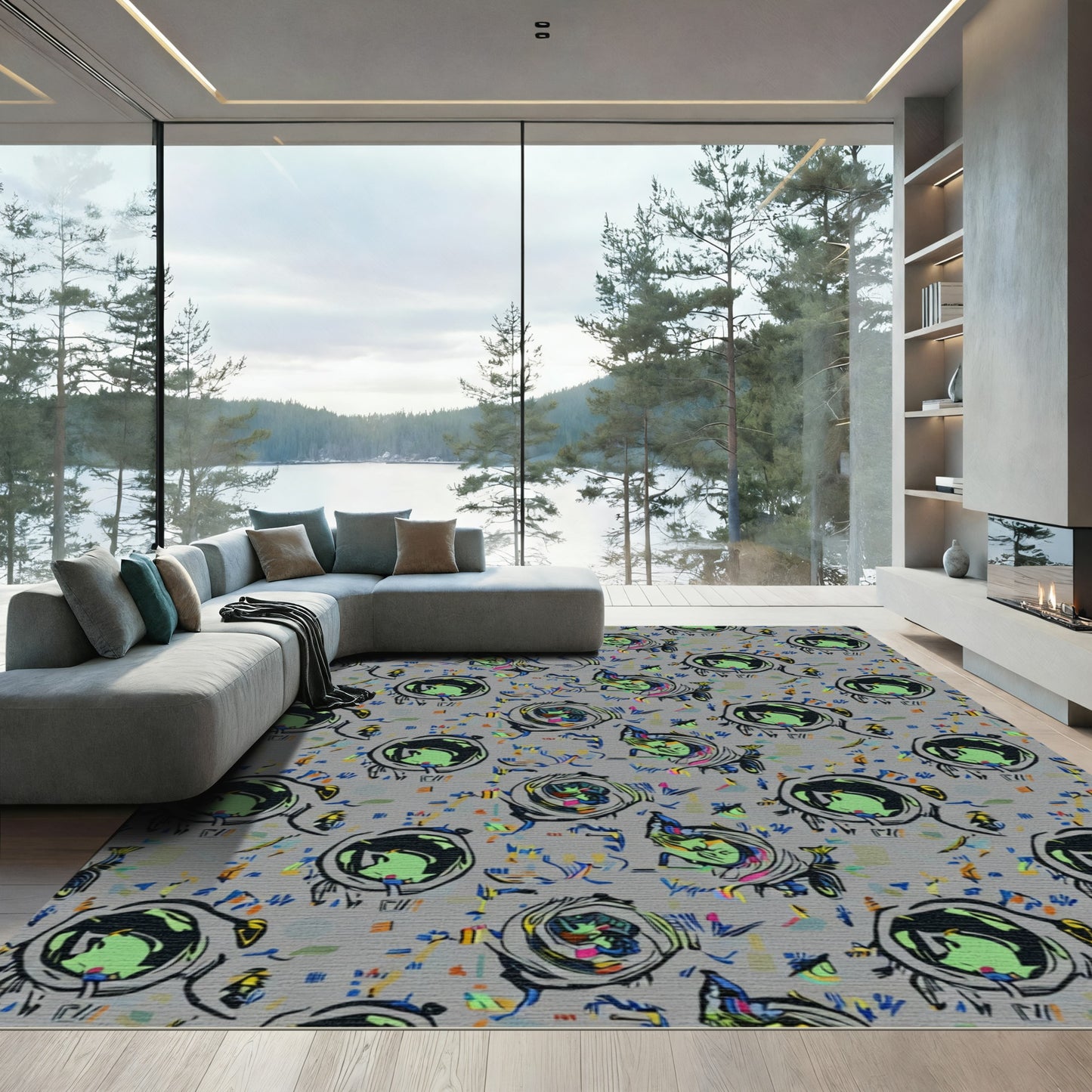 Vibrant Abstract Green Swirls and Faces Rug
