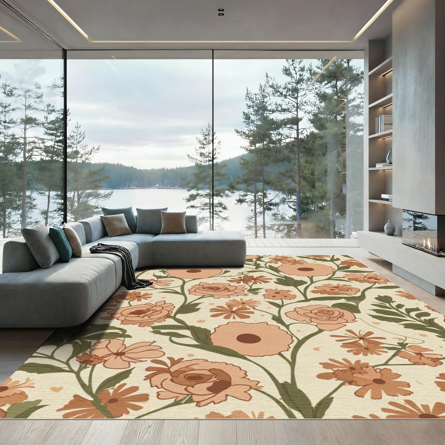 Retro Peach Floral Vine Art Rug