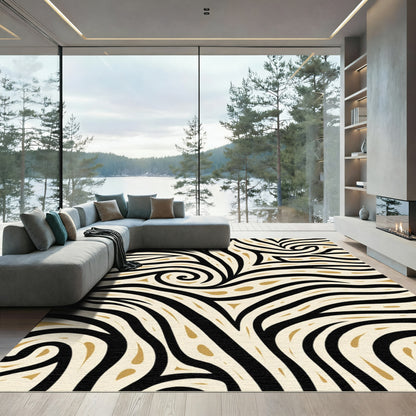 Black Gold Swirl Abstract Strokes Rug