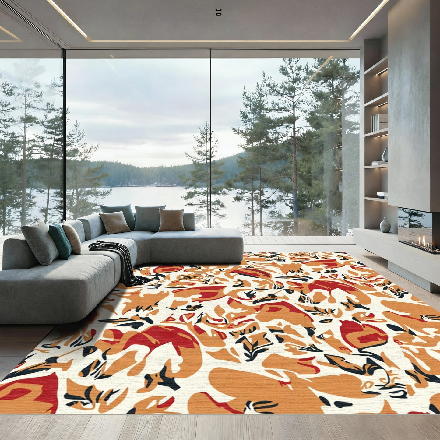 Orange Red Leaf Abstract Composition Rug
