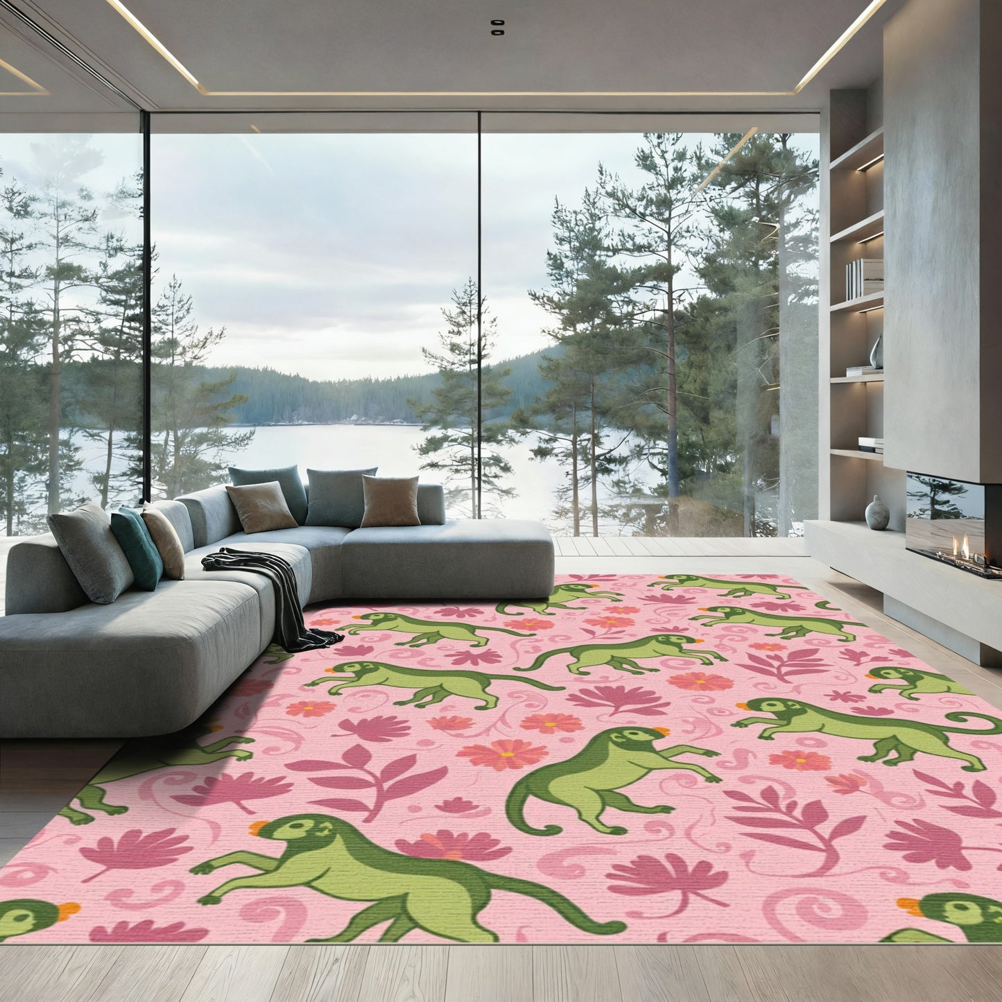 Playful Green Monkey Floral Swirl Rug
