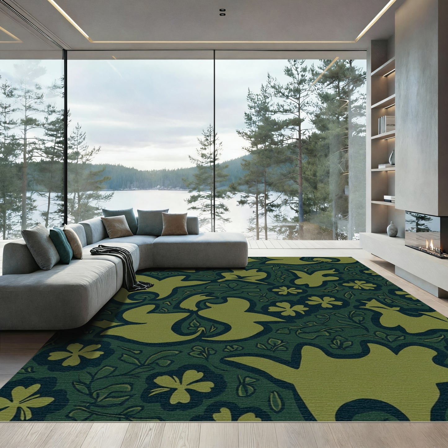 Whimsical Green Bird Floral Garden Rug