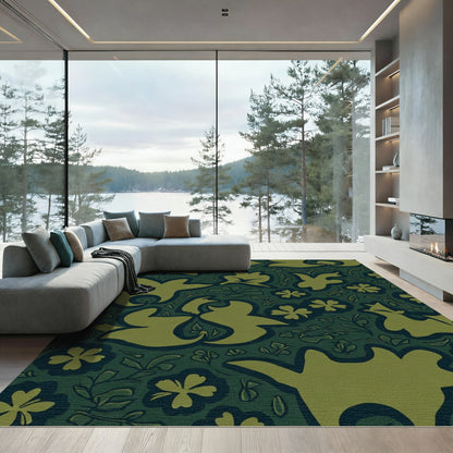 Whimsical Green Bird Floral Garden Rug