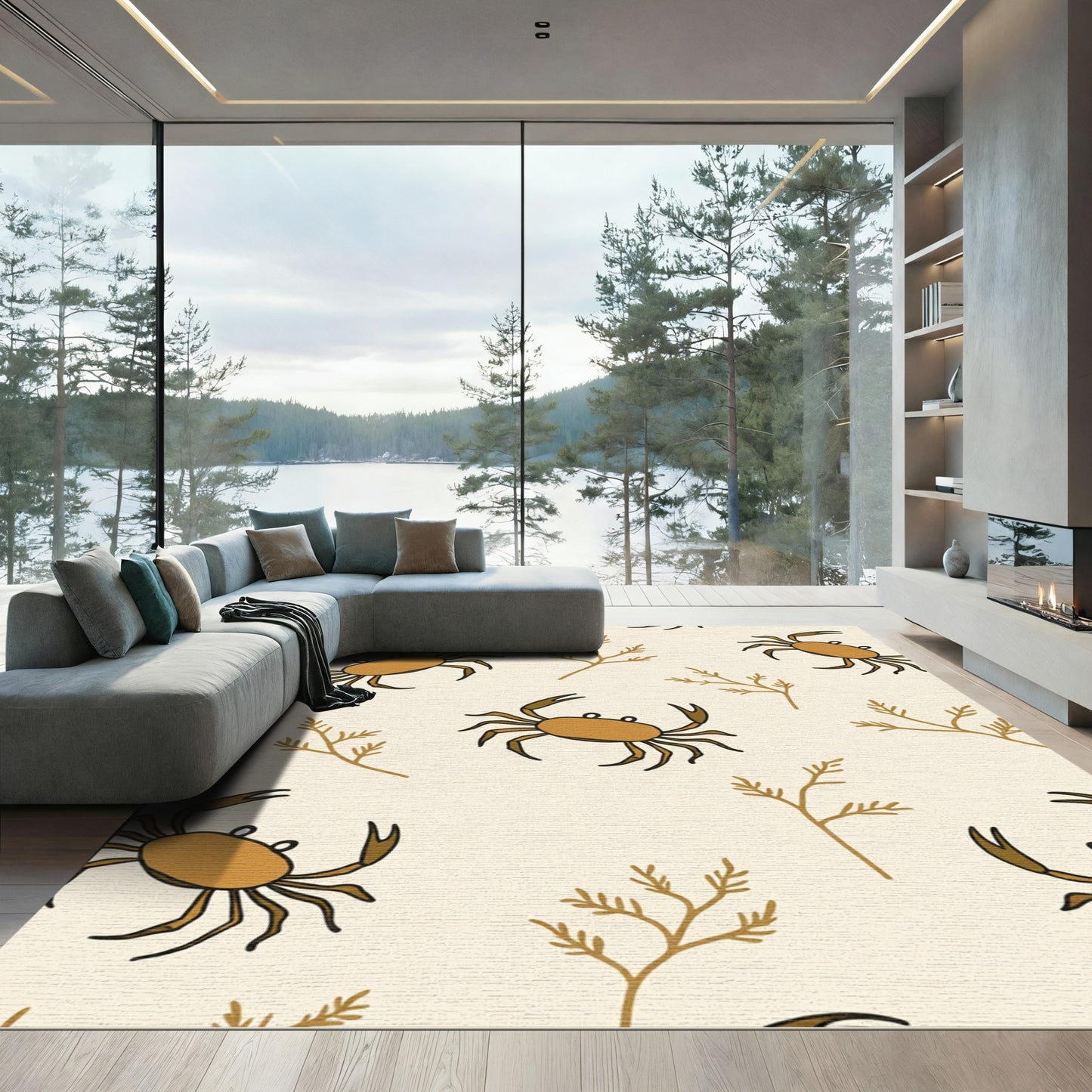 Golden Crab and Kelp Pattern Rug