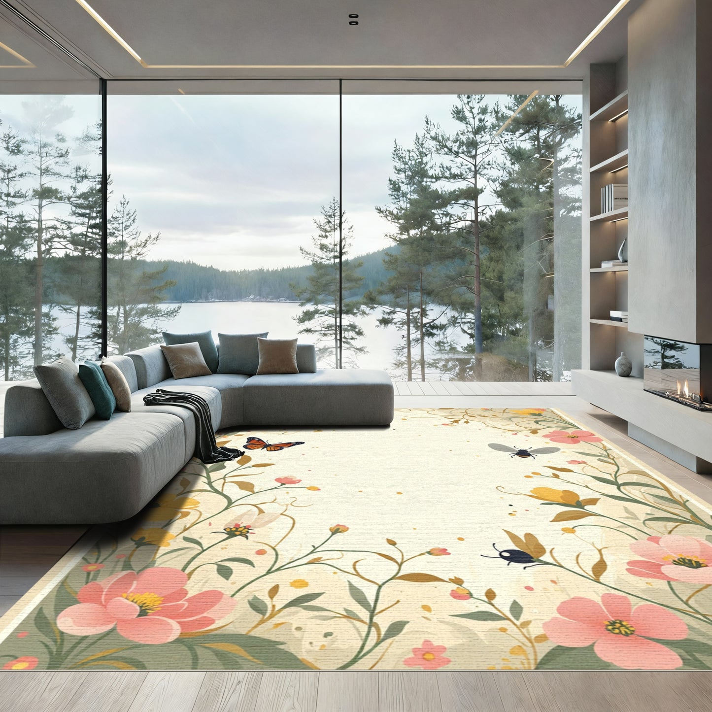 Whimsical Blossom Bee Butterfly Garden Rug