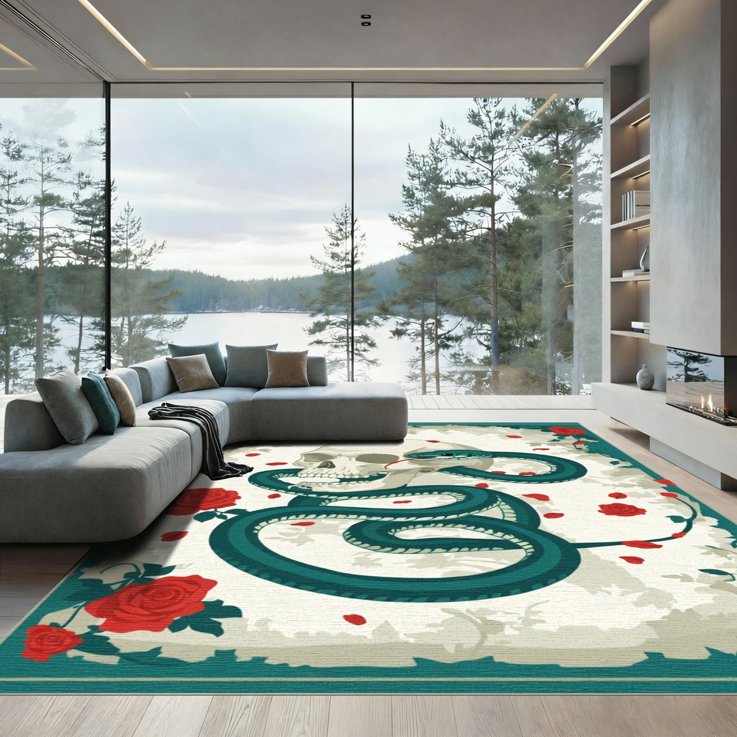Teal Snake Skull Red Rose Border Rug