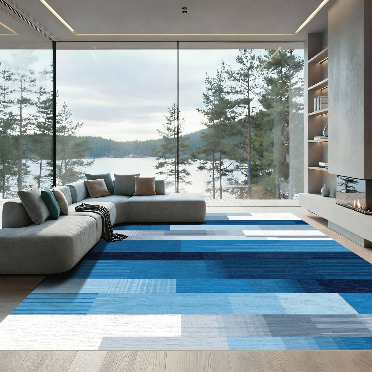 Azure Blues Geometric Blocks Rug