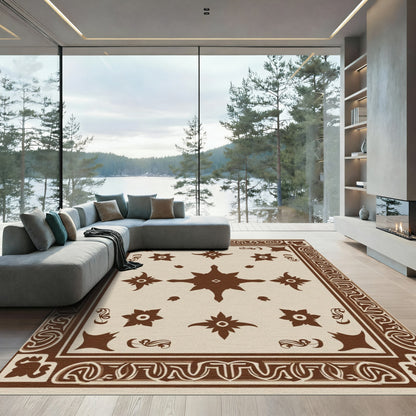 Brown Ivory Star Floral Border Rug
