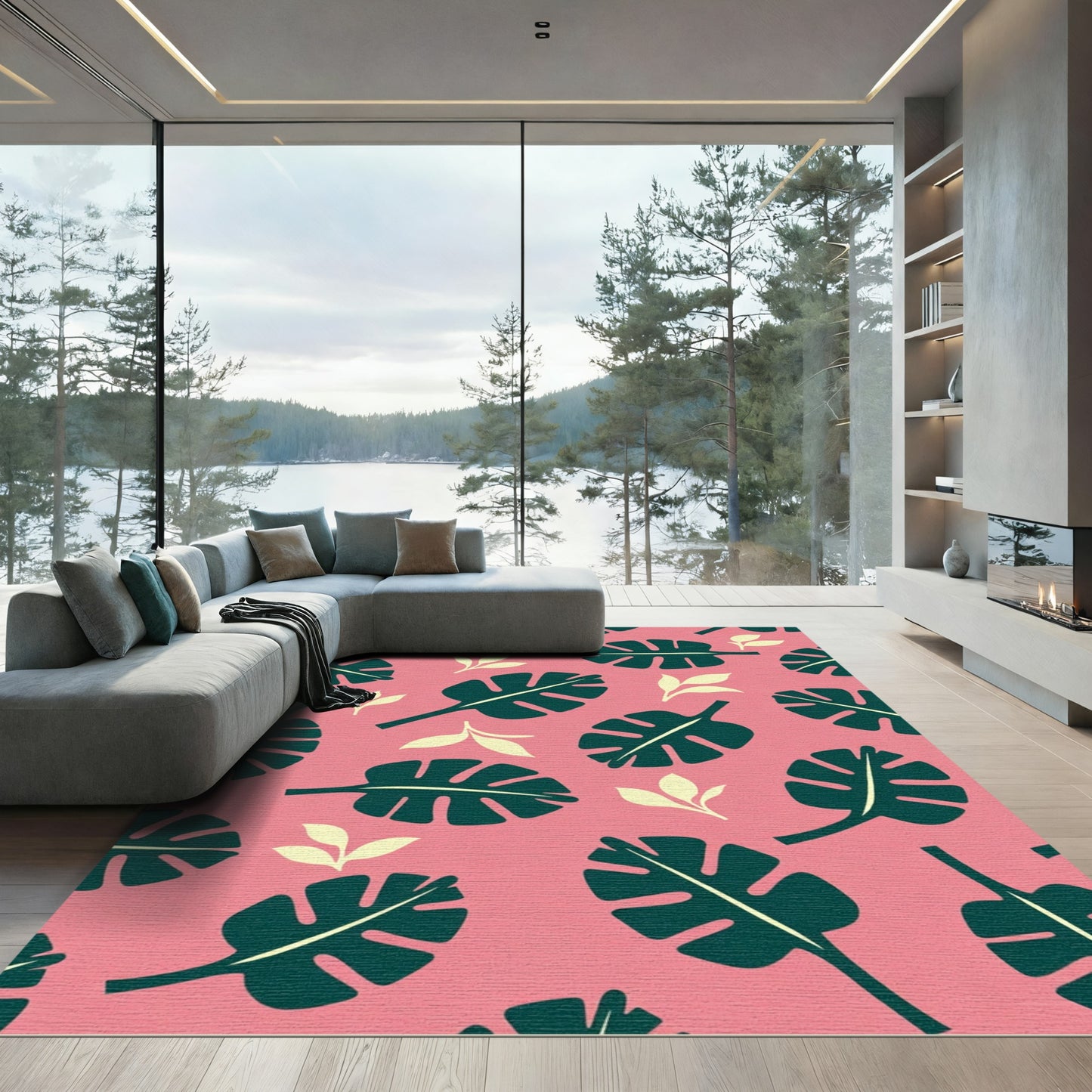 Tropical Pink Green Leaf Scatter Rug
