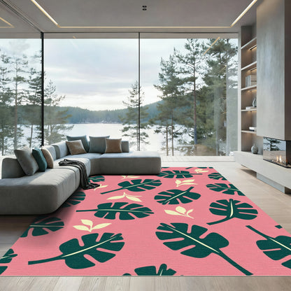 Tropical Pink Green Leaf Scatter Rug