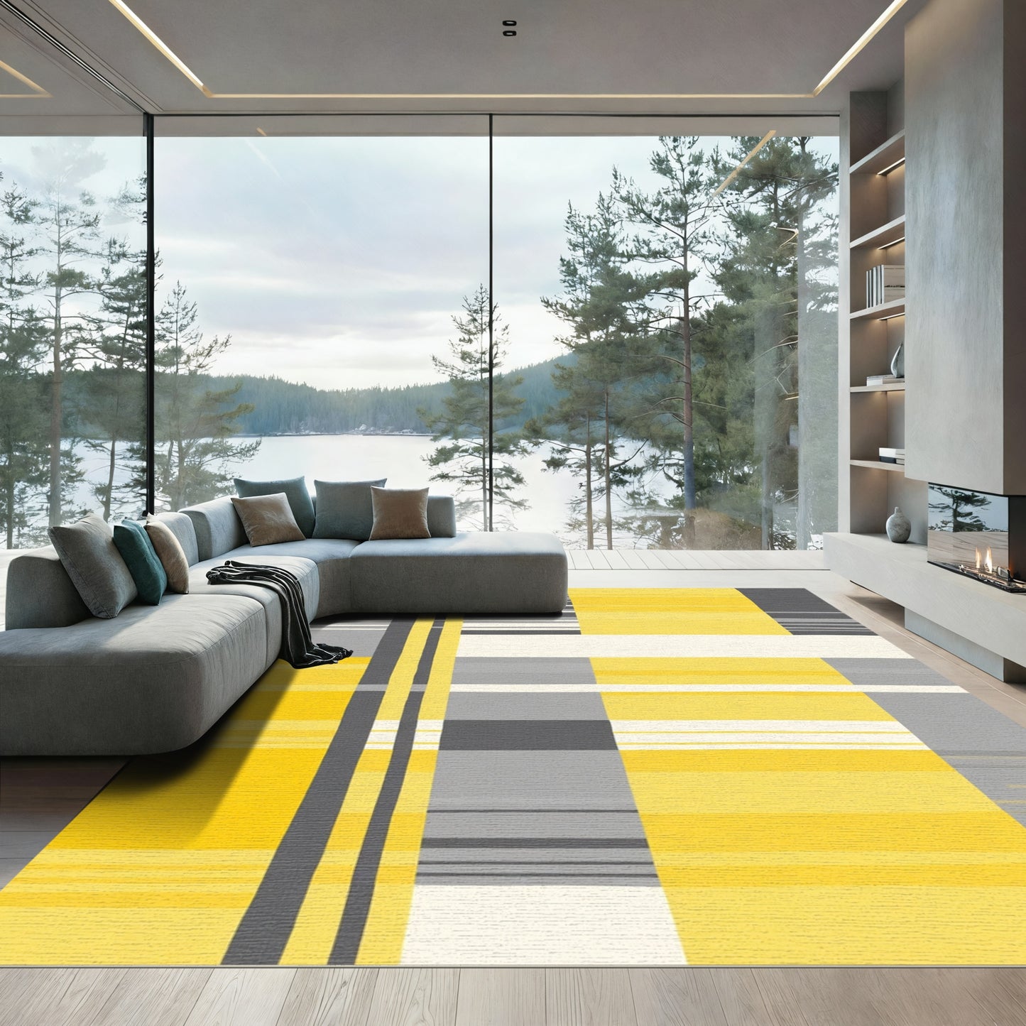 Modern Yellow Gray Stripe Composition Rug