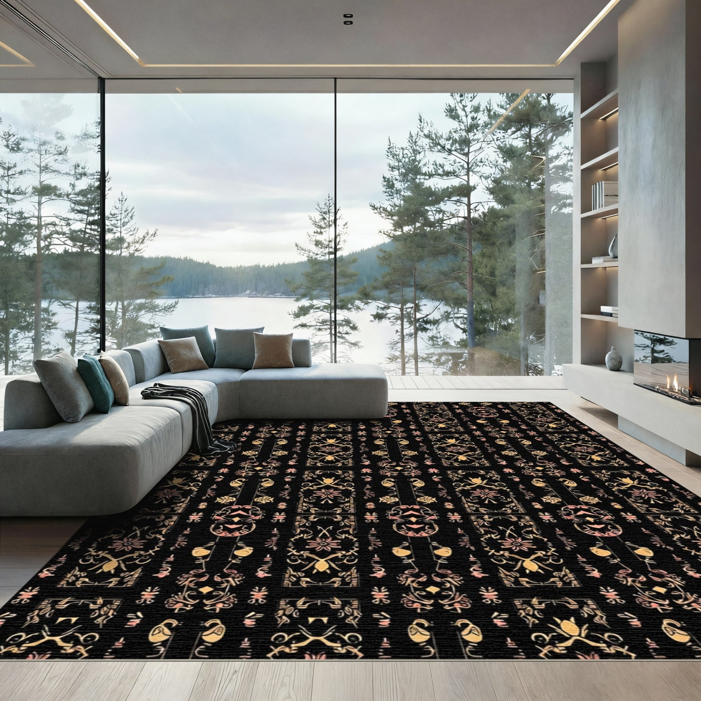Ornate Black Floral Scroll Rug