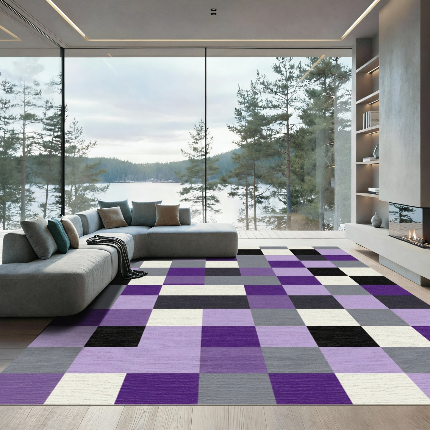 Purple Gray White Black Block Rug