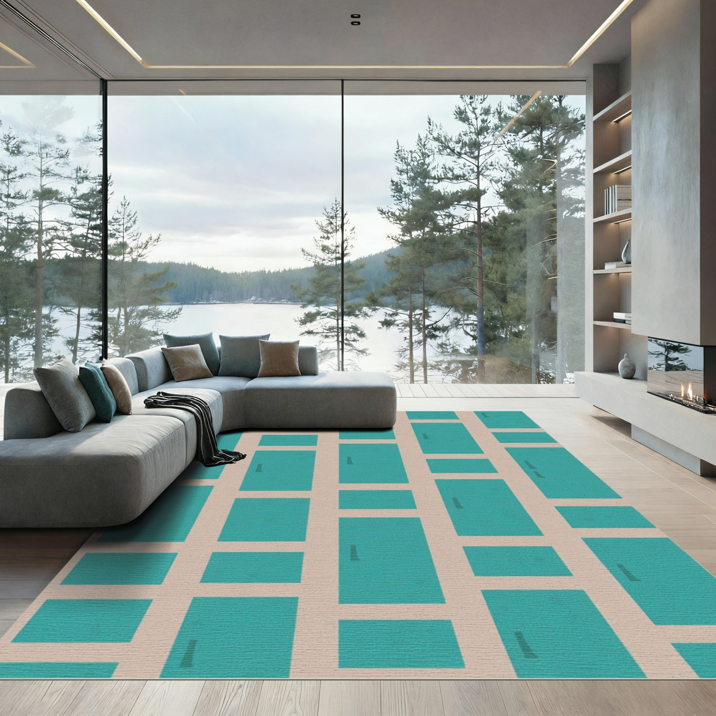 Teal And Tan Rectangular Blocks Rug