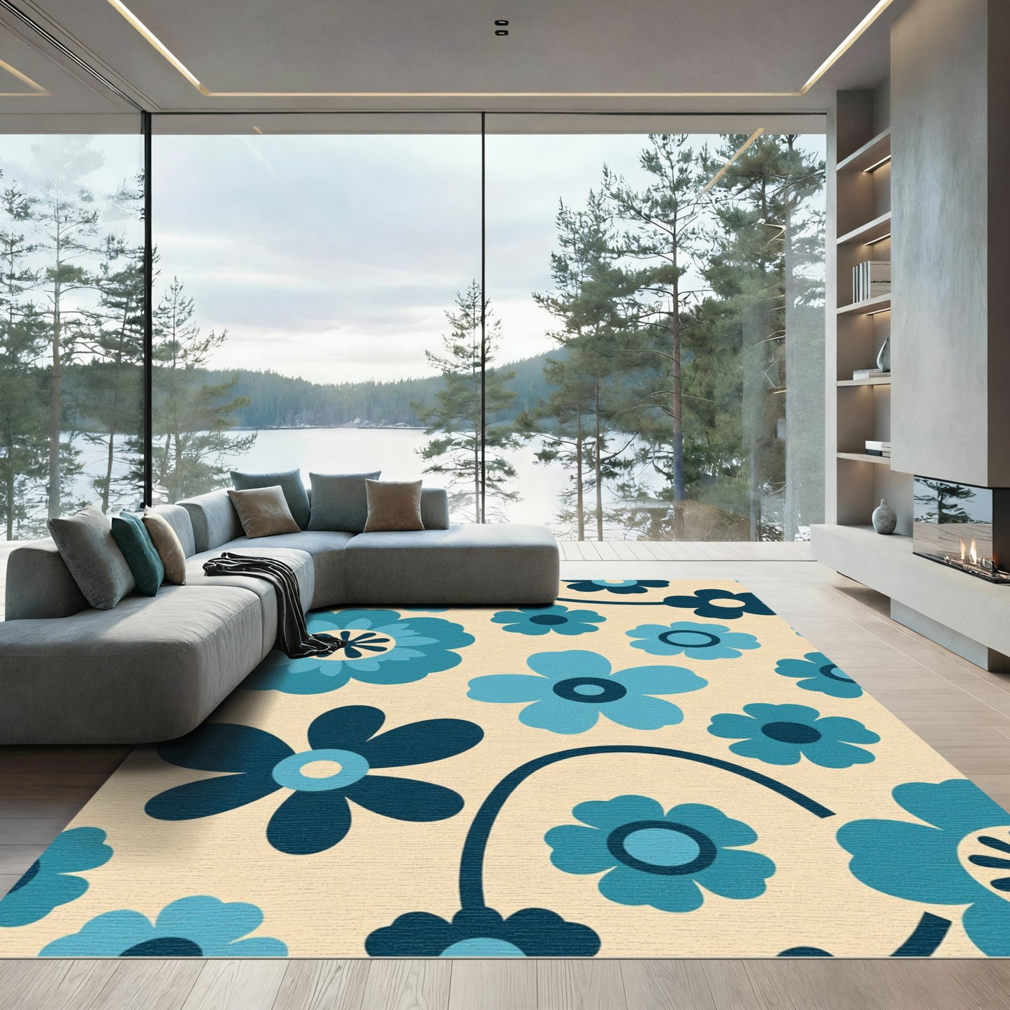 Retro Blue Floral Bloom Rug