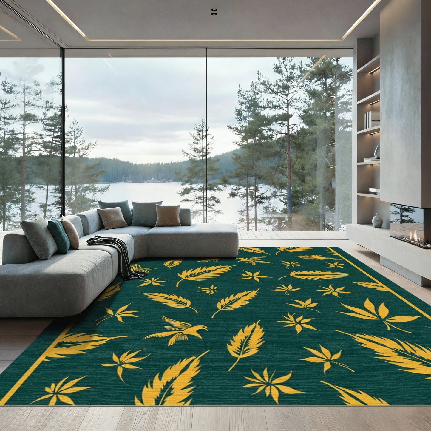 Gold Birds and Feathers Emerald Rug