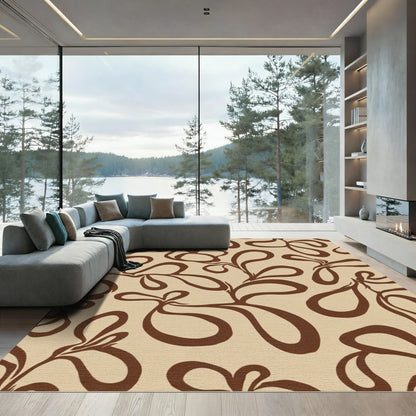 Rustic Brown Curvy Floral Swirl Rug