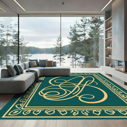 Emerald Gold Flourish Monogram Rug