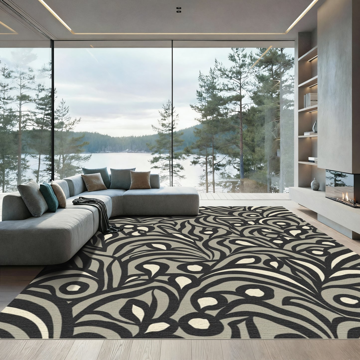 Monochromatic Abstract Swirls And Dots Rug
