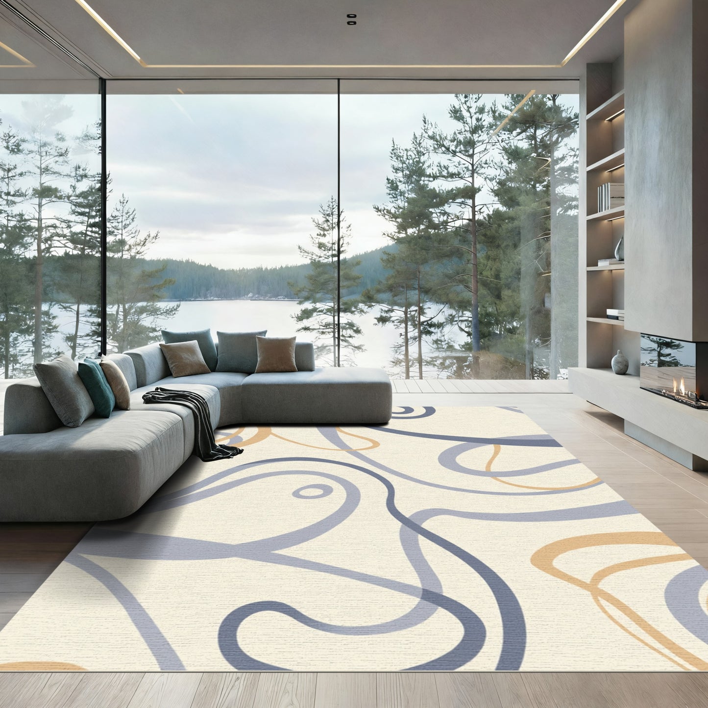 Abstract Swirls Blue Tan Ribbons Rug
