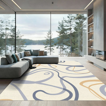 Abstract Swirls Blue Tan Ribbons Rug