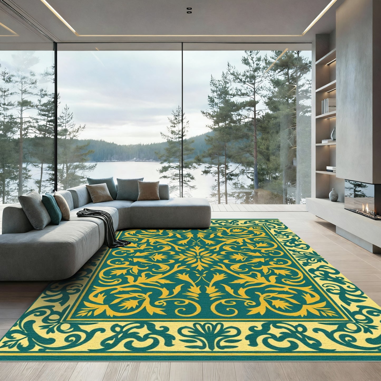 Golden Teal Floral Scroll Border Rug
